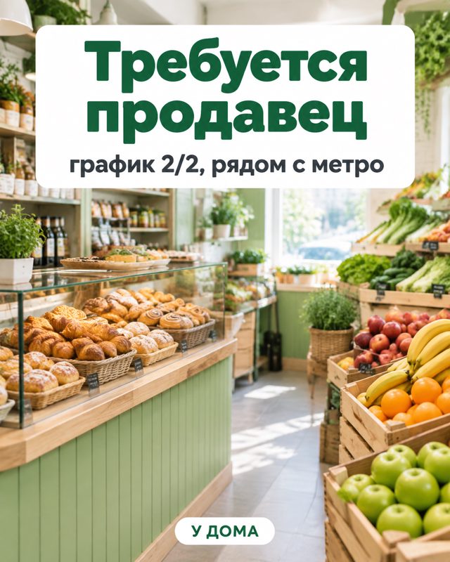 Светлый продуктовый магазин с витриной выпечки и ящиками фруктов, сверху надпись «Требуется продавец, график 2/2»
