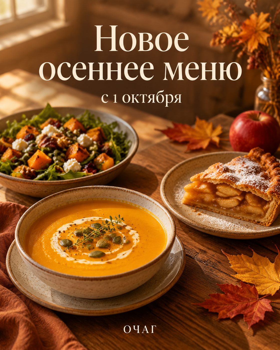 Тыквенный суп, салат с тыквой и яблочный пирог на деревянном столе с кленовыми листьями под надписью «Новое осеннее меню»