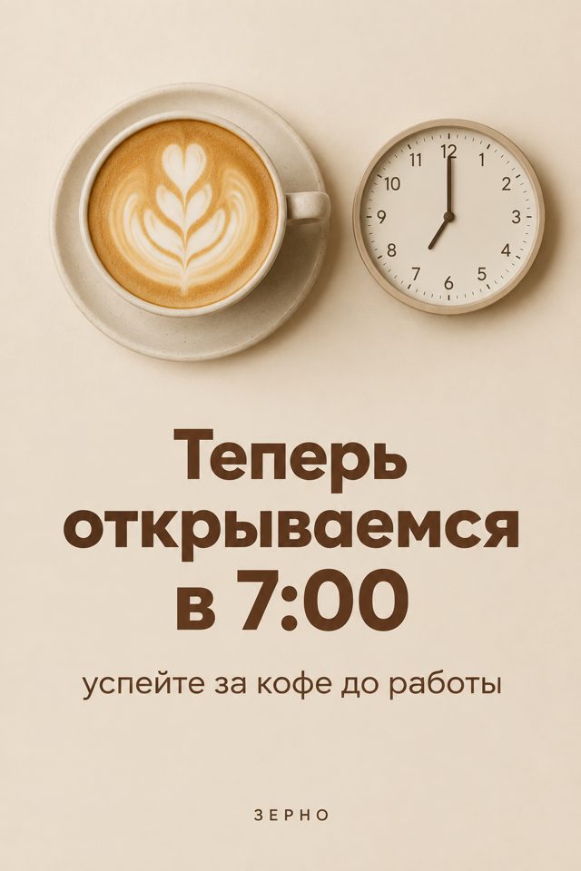 Чашка капучино с рисунком на пене и круглые часы, показывающие семь, на бежевом фоне над надписью Теперь открываемся в 7:00