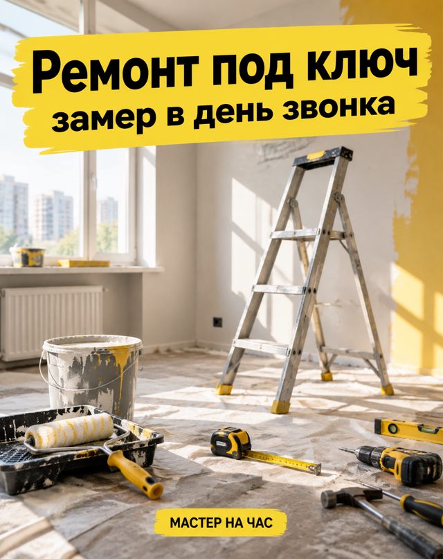 Светлая комната в процессе ремонта со стремянкой, валиком, краской и инструментами, сверху надпись «Ремонт под ключ»