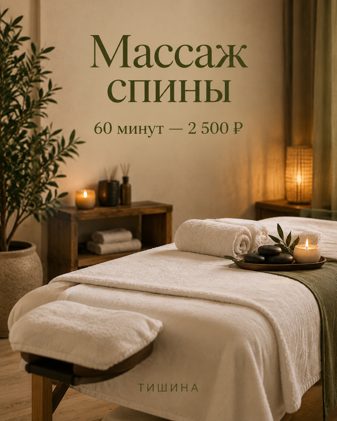 Массажный стол с белыми полотенцами, камнями и свечой на подносе в уютном кабинете, сверху надпись Массаж спины и цена