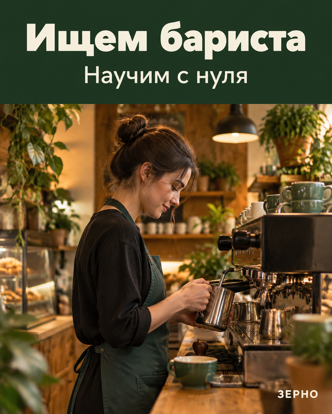 Девушка-бариста в зелёном фартуке взбивает молоко у кофемашины в кофейне с растениями, сверху надпись «Ищем бариста»