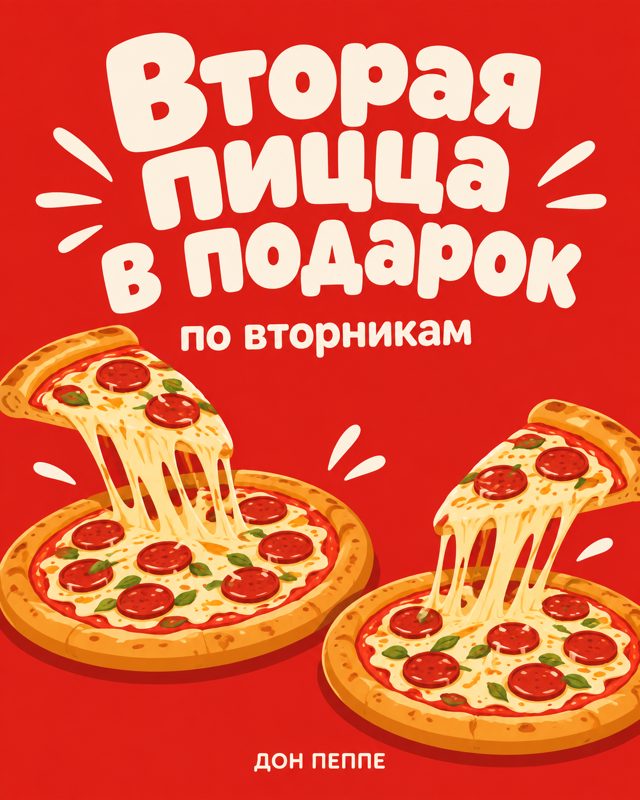 Две пиццы пепперони с поднятыми кусками и тянущимся сыром на красном фоне под надписью Вторая пицца в подарок по вторникам