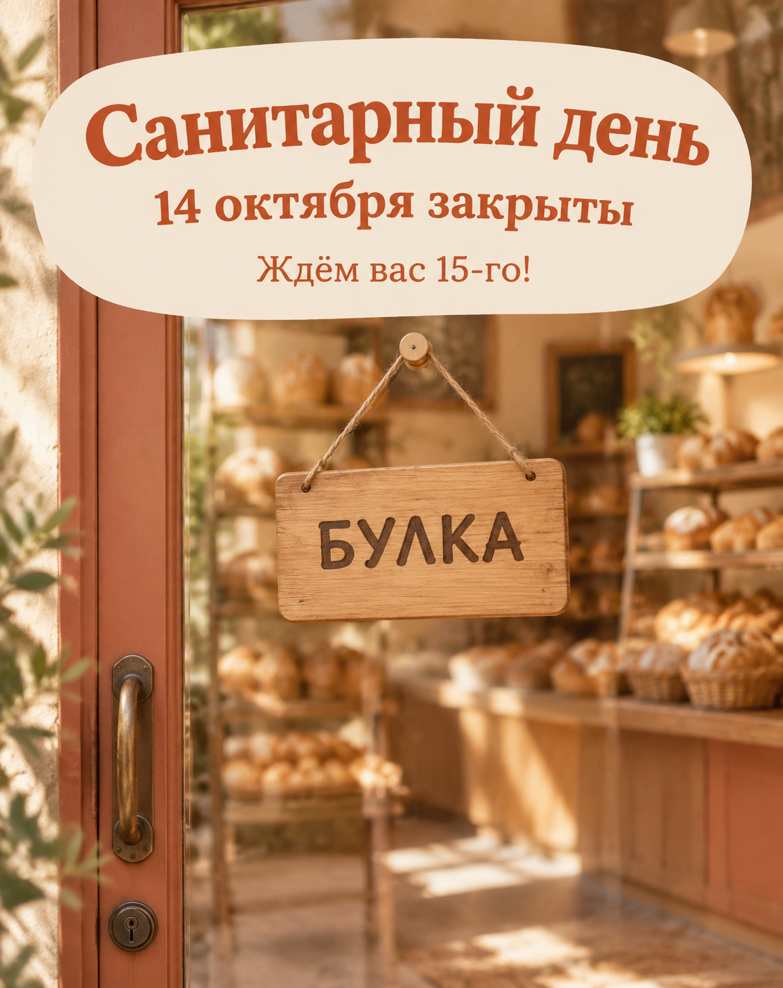 Дверь пекарни с деревянной табличкой Булка, за стеклом полки с хлебом, сверху надпись Санитарный день 14 октября закрыты