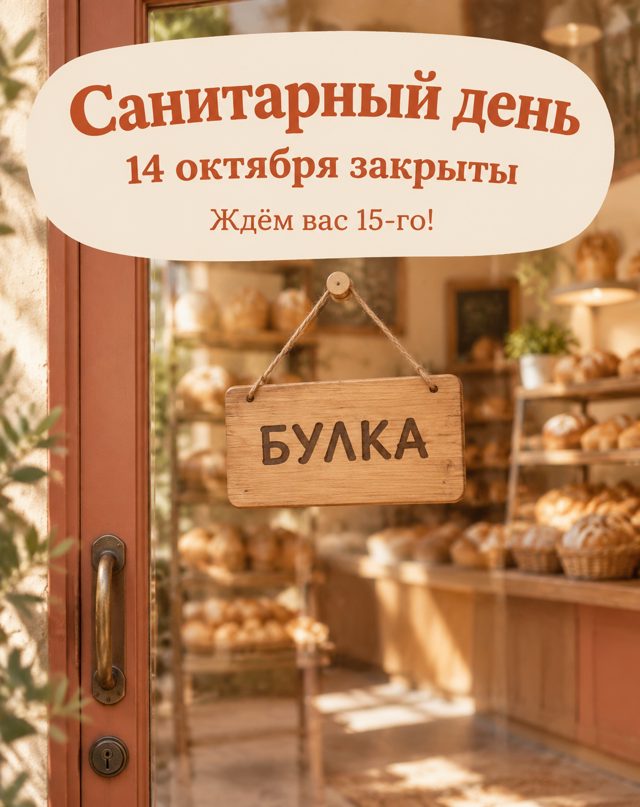 Дверь пекарни с деревянной табличкой Булка, за стеклом полки с хлебом, сверху надпись Санитарный день 14 октября закрыты
