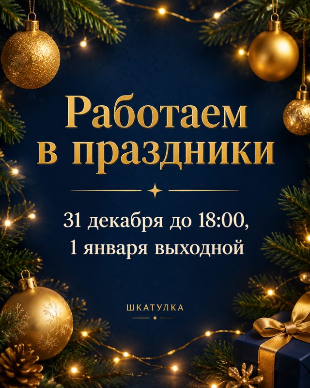 Золотая надпись «Работаем в праздники» с часами работы на тёмно-синем фоне среди еловых веток и ёлочных шаров