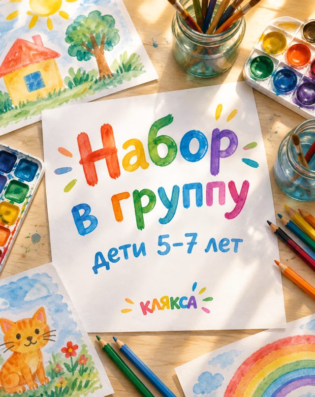 Лист с акварельной надписью «Набор в группу, дети 5–7 лет» на столе среди красок, кисточек и детских рисунков