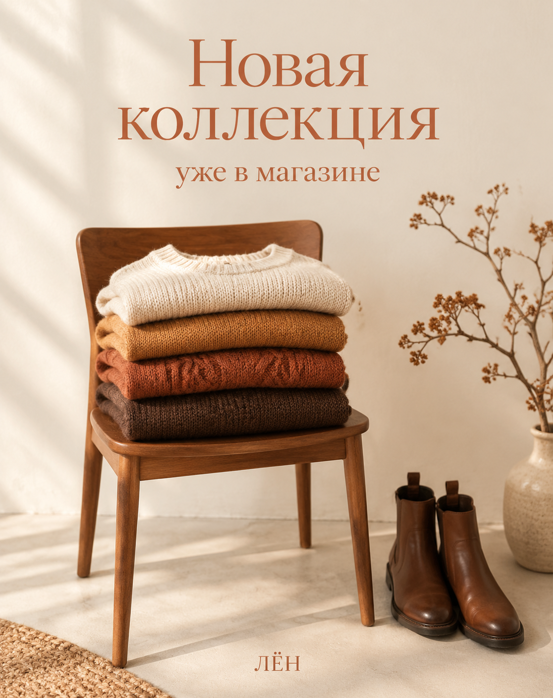 Стопка вязаных свитеров на деревянном стуле, рядом коричневые челси и ваза с веткой, сверху надпись «Новая коллекция»
