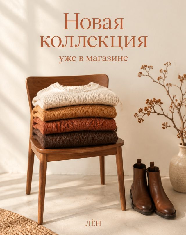 Стопка вязаных свитеров на деревянном стуле, рядом коричневые челси и ваза с веткой, сверху надпись «Новая коллекция»