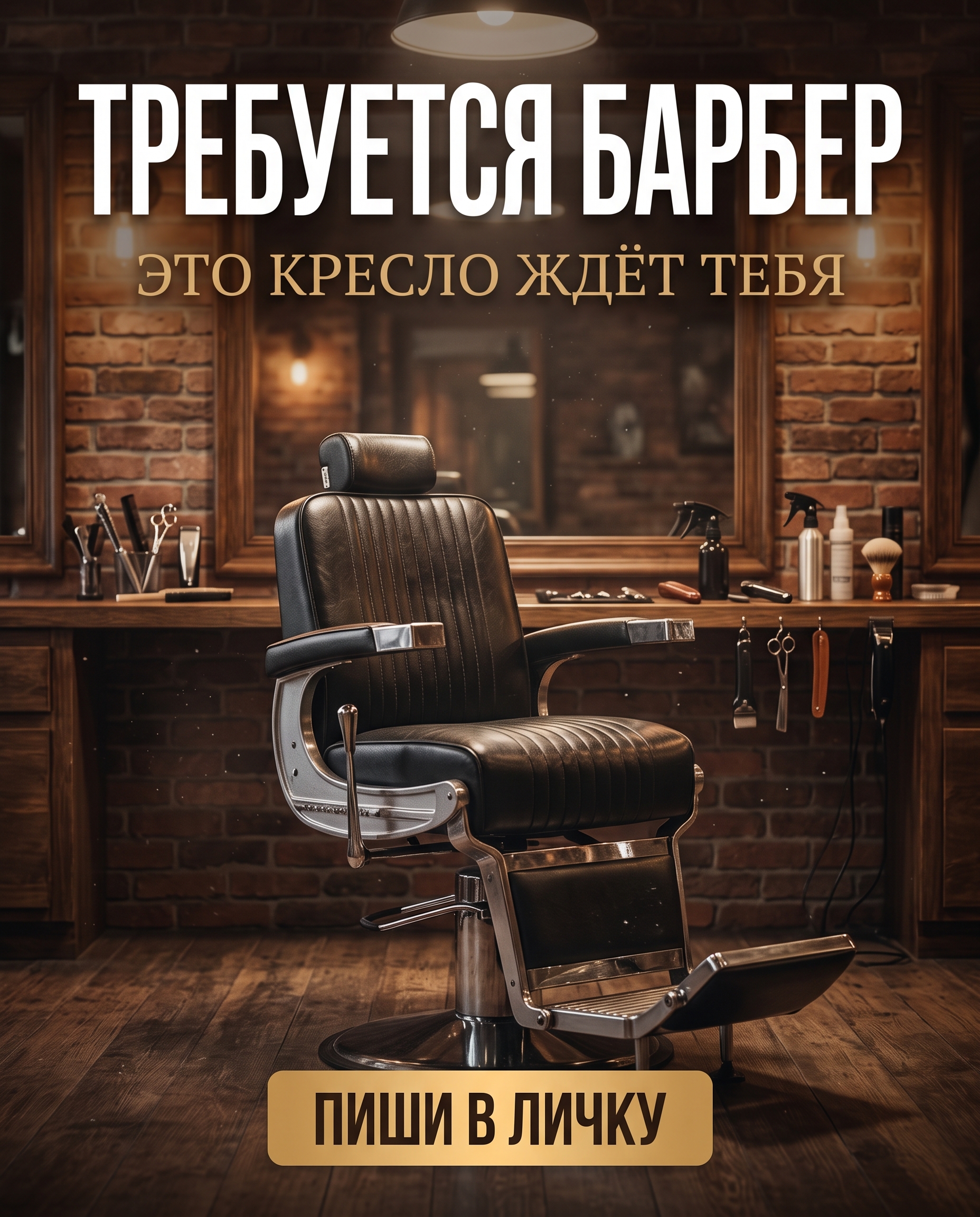 Пустое винтажное кресло барбера из кожи и хрома в барбершопе с кирпичной стеной, сверху надпись «Требуется барбер»
