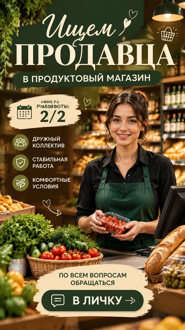Продавщица в зелёном фартуке держит черри у кассы, вокруг овощи и хлеб, сверху надпись «Ищем продавца»