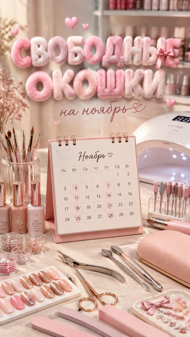 Розовые пушистые буквы «Свободные окошки на ноябрь» над календарём с отмеченными датами и инструментами для маникюра