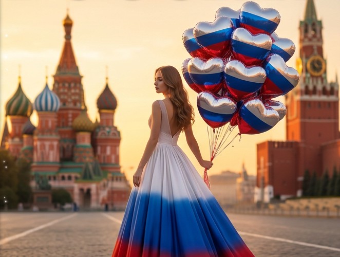 Девушка в длинном бело-сине-красном платье с шарами-сердцами в цветах флага на площади у собора на закате