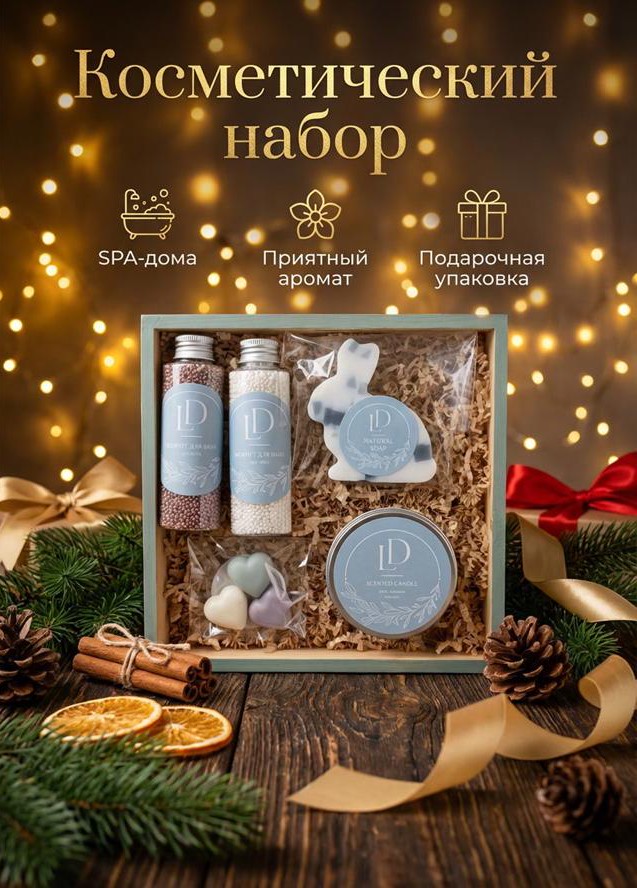 Деревянная коробка с солью для ванны, мылом-зайцем и свечой среди еловых веток и гирлянды, сверху надпись «Косметический набор»
