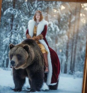 Рыжеволосая девушка в короне и бордовой шубе с белым мехом сидит на буром медведе в заснеженном лесу
