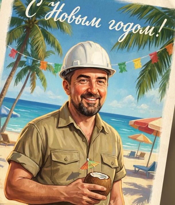 Рисованная открытка «С Новым годом!»: улыбающийся мужчина в белой каске с кокосом на пляже под пальмами