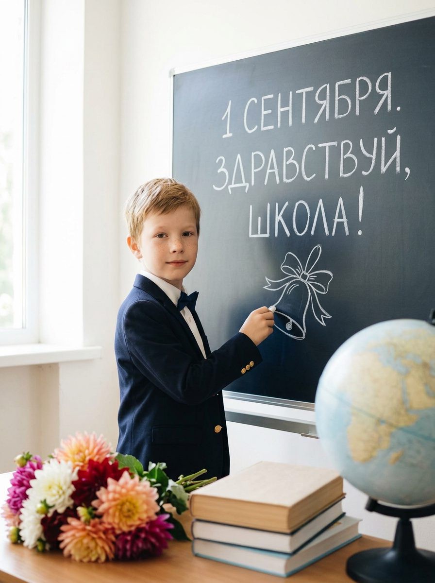 Мальчик в синем пиджаке и бабочке стоит с мелом у доски с надписью «1 сентября. Здравствуй, школа!», на парте цветы и глобус