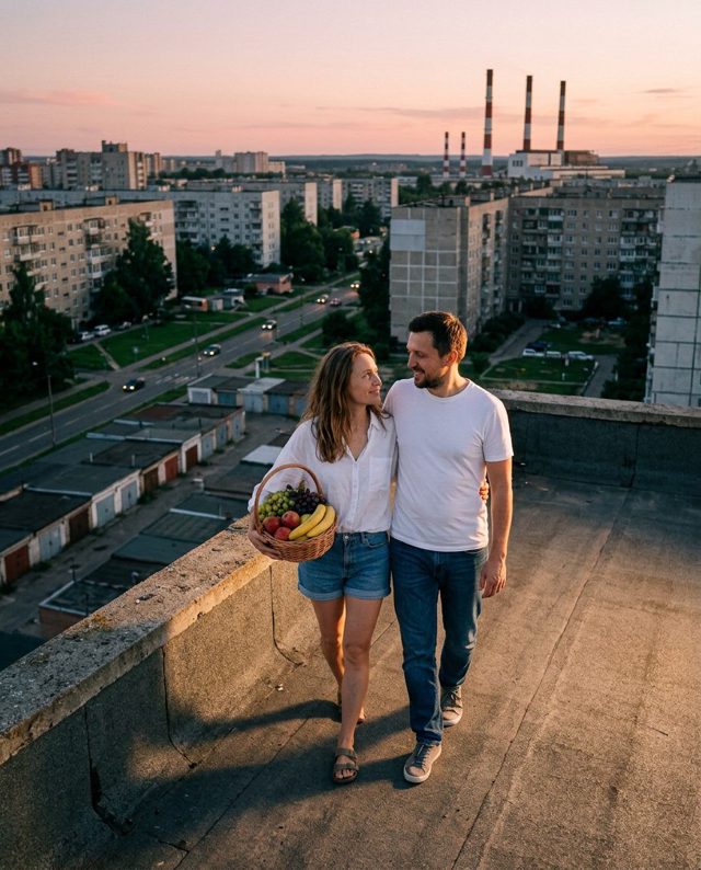 Парень и девушка с корзиной фруктов идут в обнимку по крыше многоэтажки, внизу панельные дома и трубы на закате