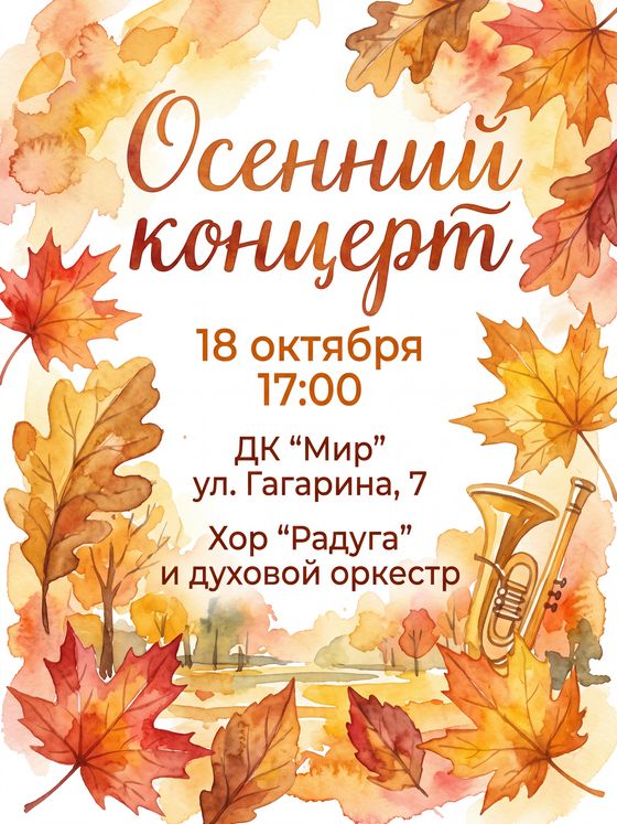 Афиша осеннего концерта: акварельные листья и труба
