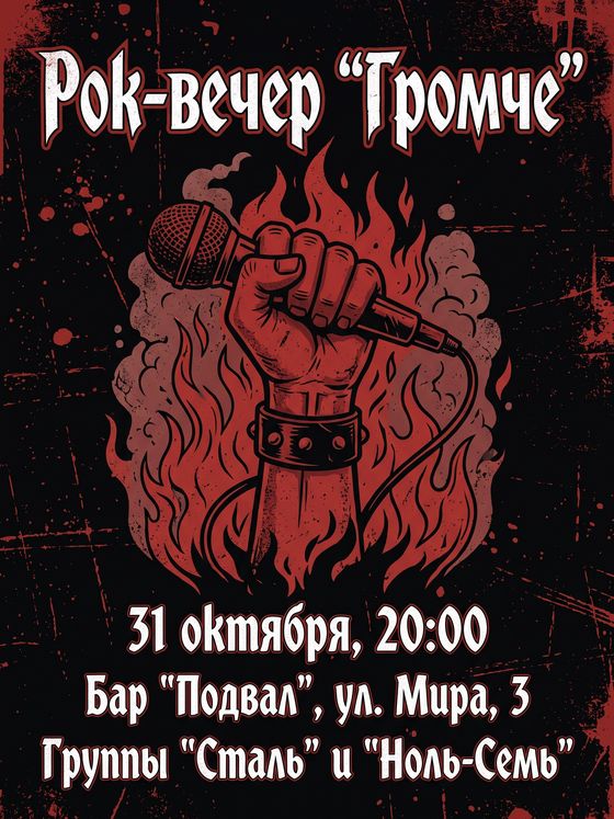 Афиша рок-вечера в баре: кулак с микрофоном в огне