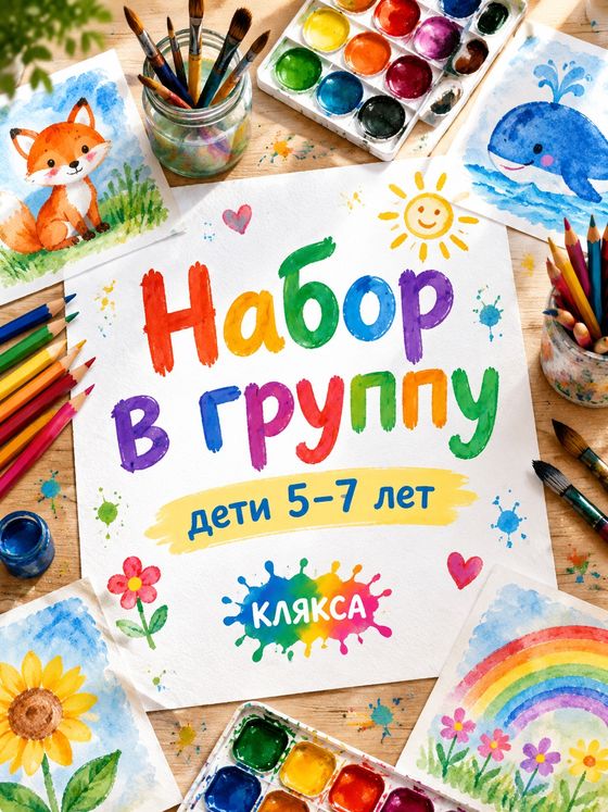 Пост детской студии рисования: стол с акварелью и кистями, заголовок «Набор в группу»