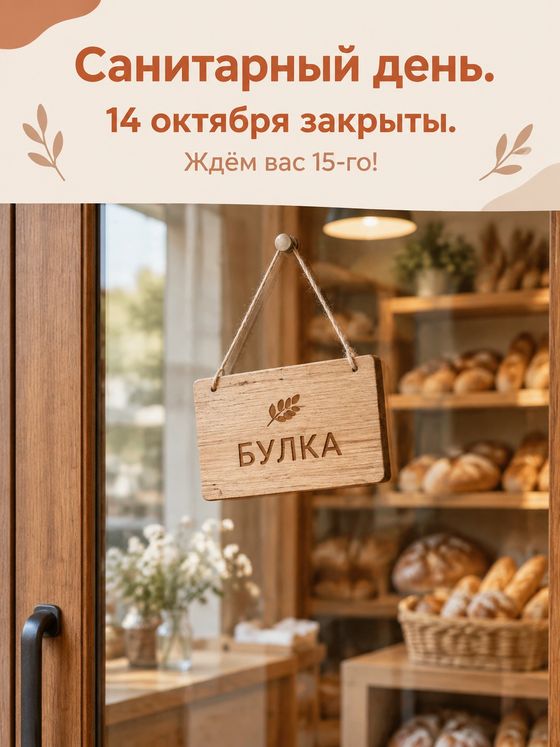 Пост пекарни: стеклянная дверь с табличкой и заголовок «Санитарный день»