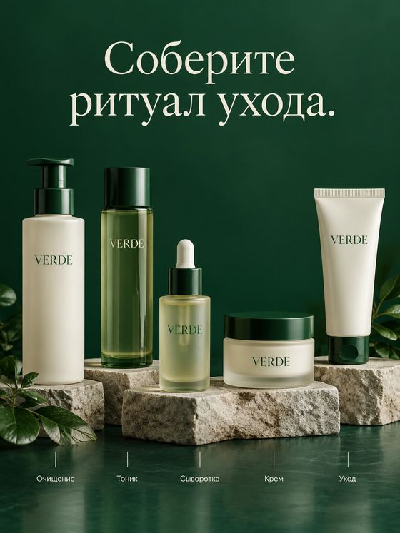 Карточка-коллекция уходовой косметики на изумрудном фоне: «Соберите ритуал ухода»