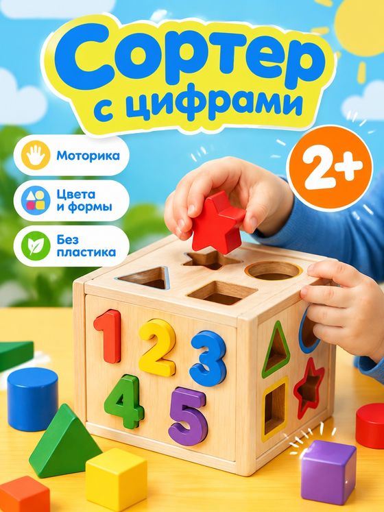 Детская карточка: деревянный сортер с цифрами, ярлык 2+ и три плашки с пользой