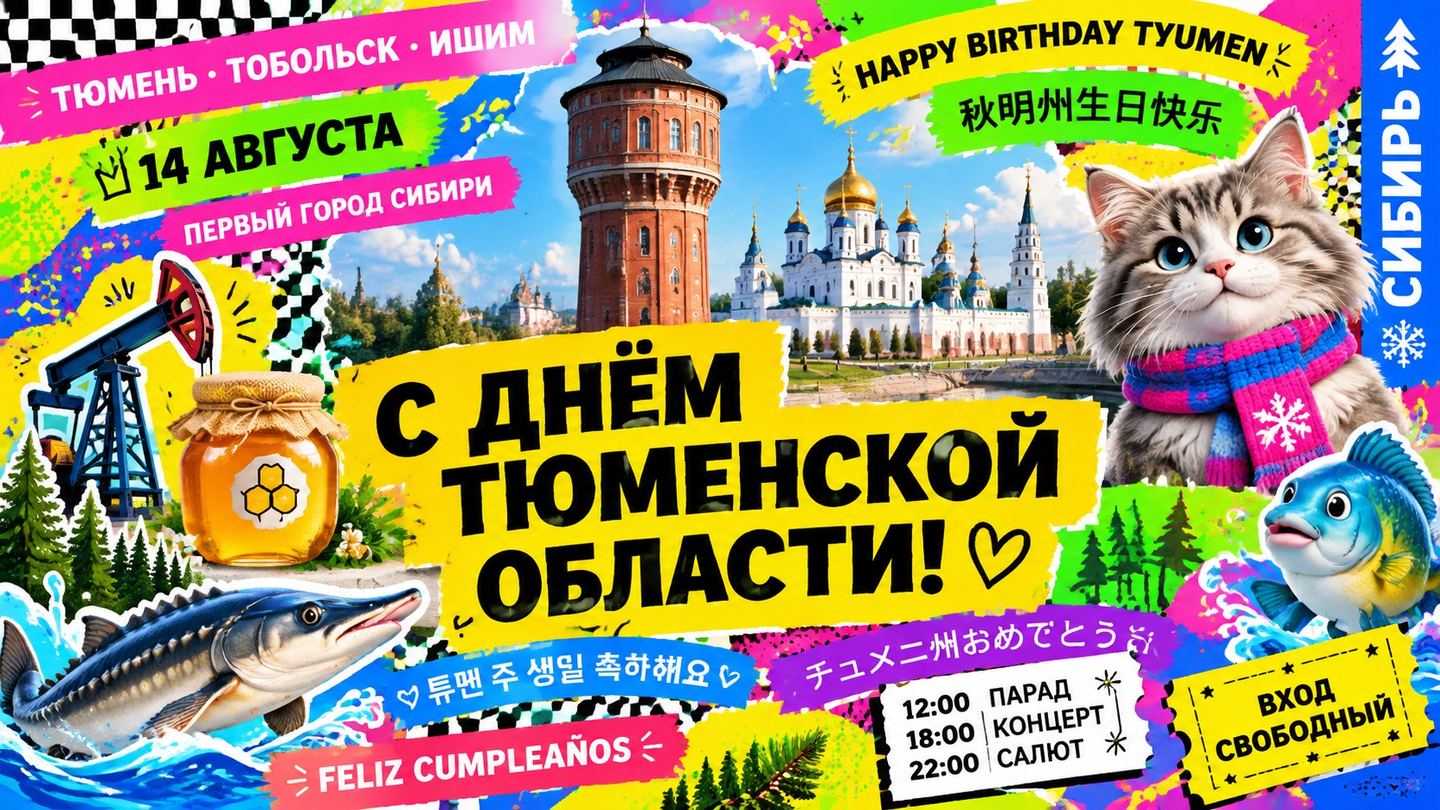 Постер «С днём Тюменской области!» с надписями на русском, английском, китайском, корейском и японском