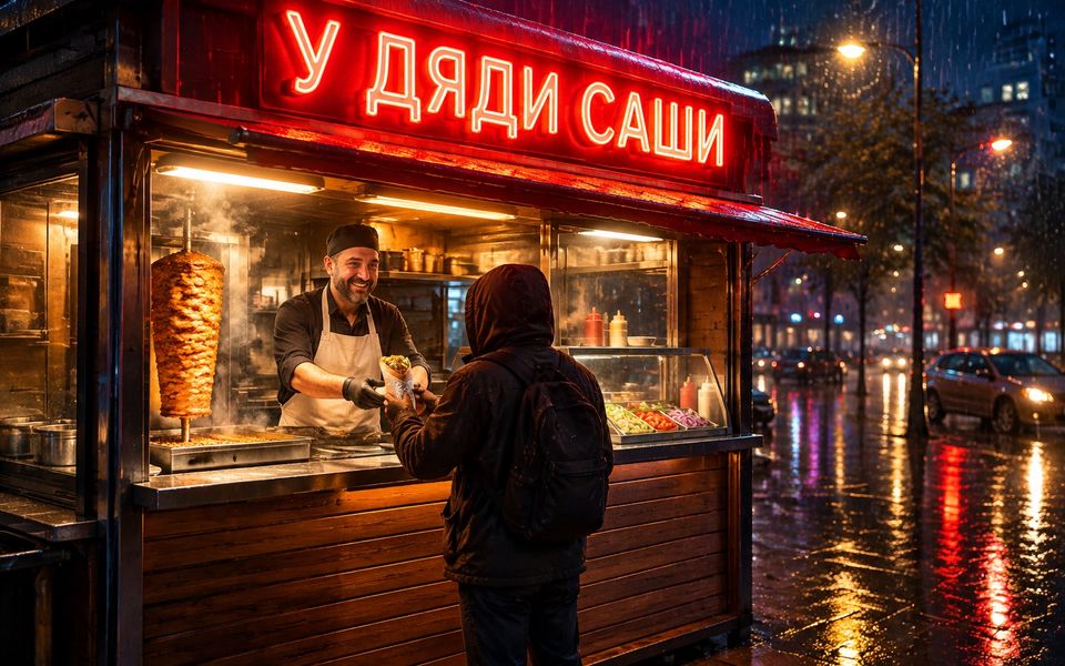 Ночной киоск с шаурмой под дождём и неоновой вывеской «У дяди Саши»
