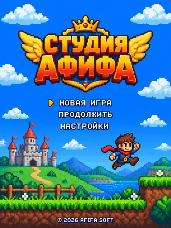 Заставка пиксельной игры с логотипом «Студия Афифа» и меню