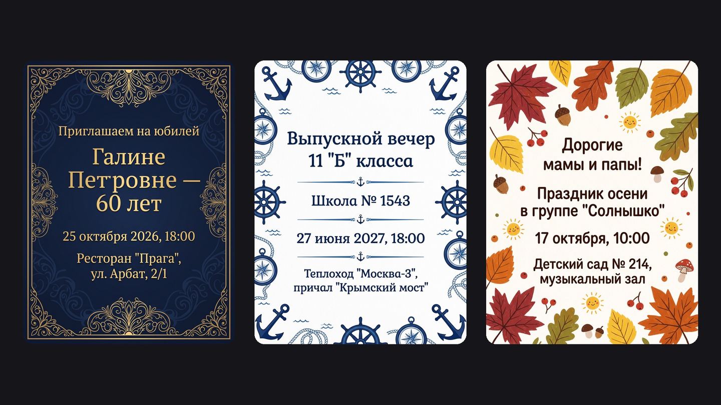 Три приглашения с разным текстом: юбилей Галины Петровны, выпускной 11 «Б», праздник осени в детском саду