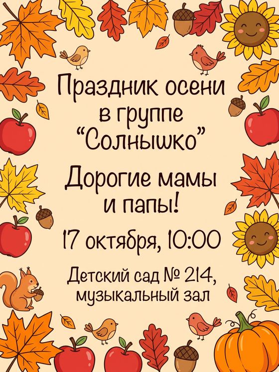Приглашение родителей на праздник осени в группе «Солнышко»: листья, яблоки и тыквы по краям