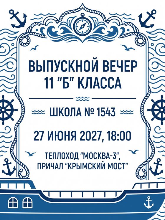 Приглашение на выпускной вечер 11 «Б» класса в морском стиле: якоря, штурвалы и теплоход
