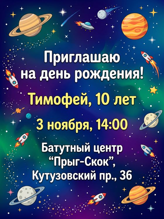 Приглашение на детский день рождения в стиле «космос»