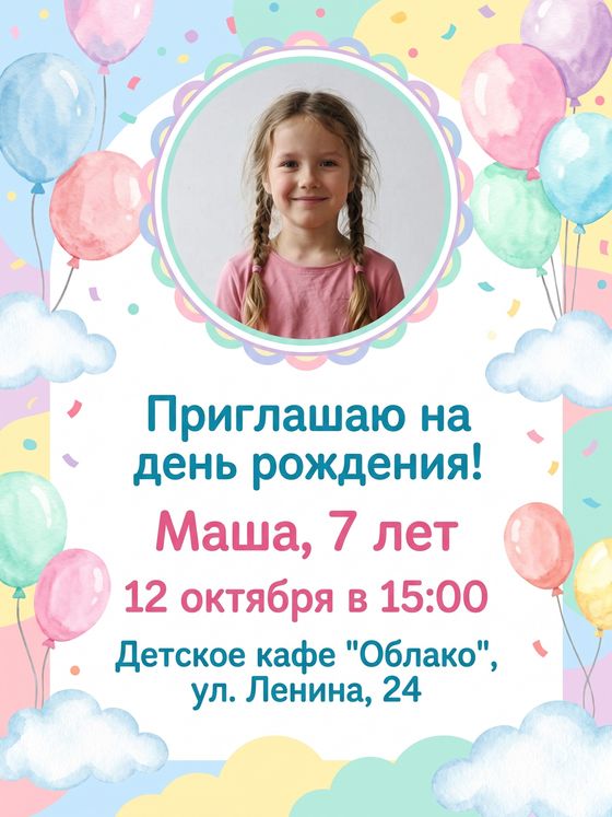 Приглашение на день рождения Маши, 7 лет: воздушные шары и её фото в круглой рамке
