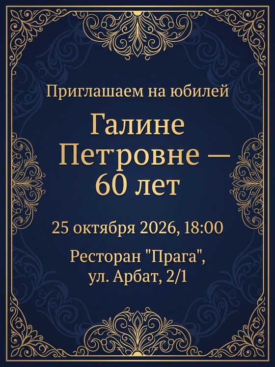 Приглашение на юбилей Галины Петровны: золотой орнамент на тёмно-синем