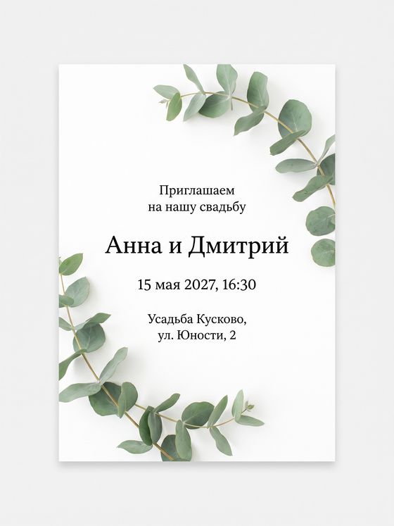 Свадебное приглашение Анны и Дмитрия: белая карточка и веточки эвкалипта