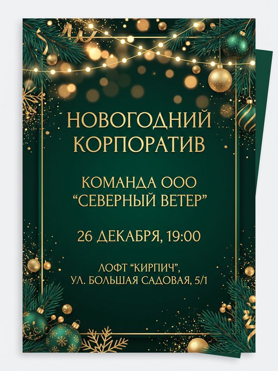 Приглашение на новогодний корпоратив: золото и ёлочные шары на зелёном