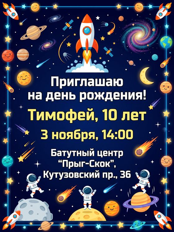 Приглашение на день рождения Тимофея: ракеты и планеты