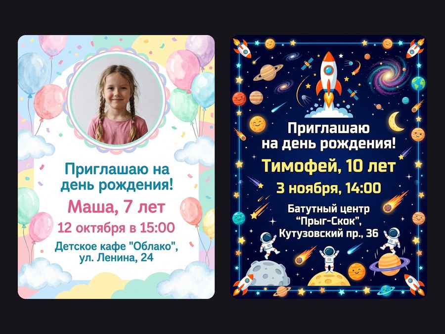 Два приглашения на детский день рождения: воздушные шары с фото и космос