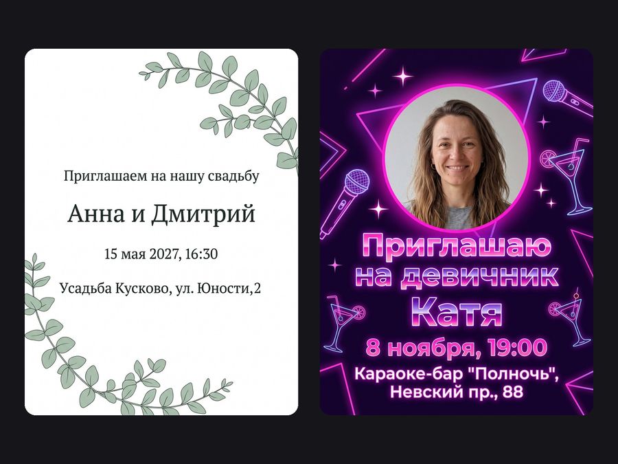 Свадебное приглашение с эвкалиптом и неоновое приглашение на девичник