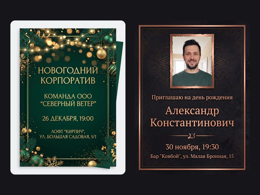 Приглашение на новогодний корпоратив и на день рождения коллеги