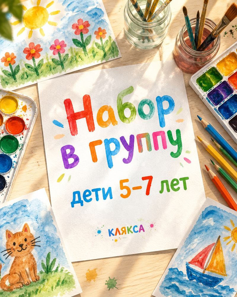 Пост детской студии рисования: стол с акварелью и заголовок «Набор в группу»