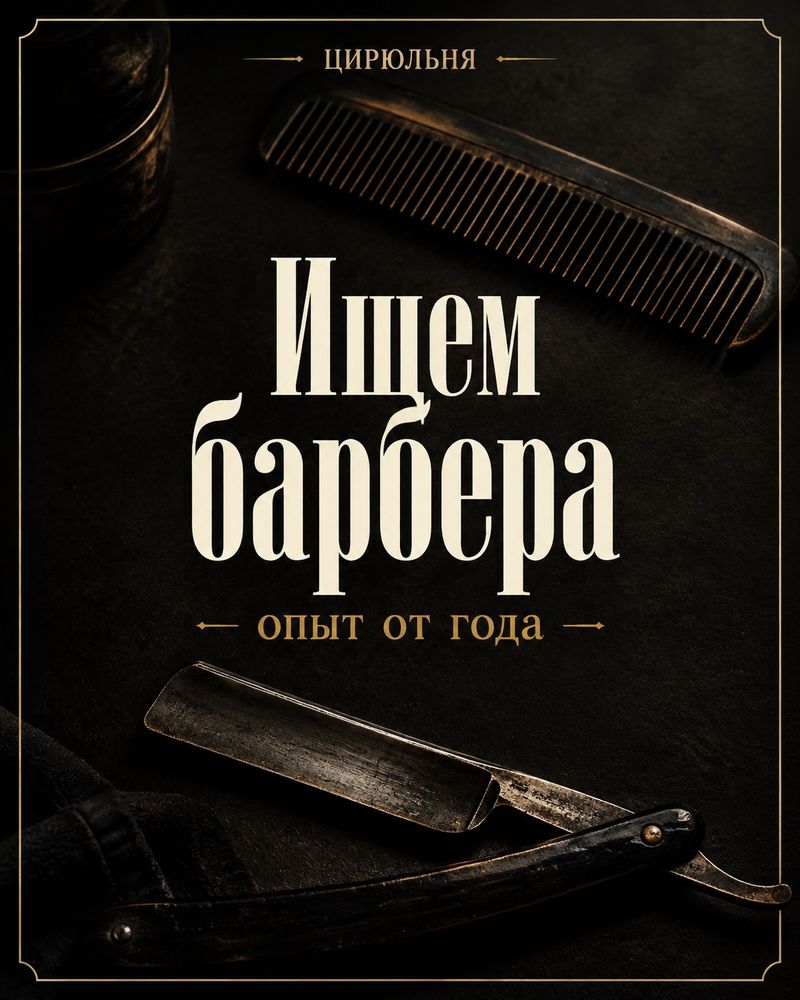 Винтажный пост барбершопа: бритва и расчёска на чёрном, заголовок «Ищем барбера»