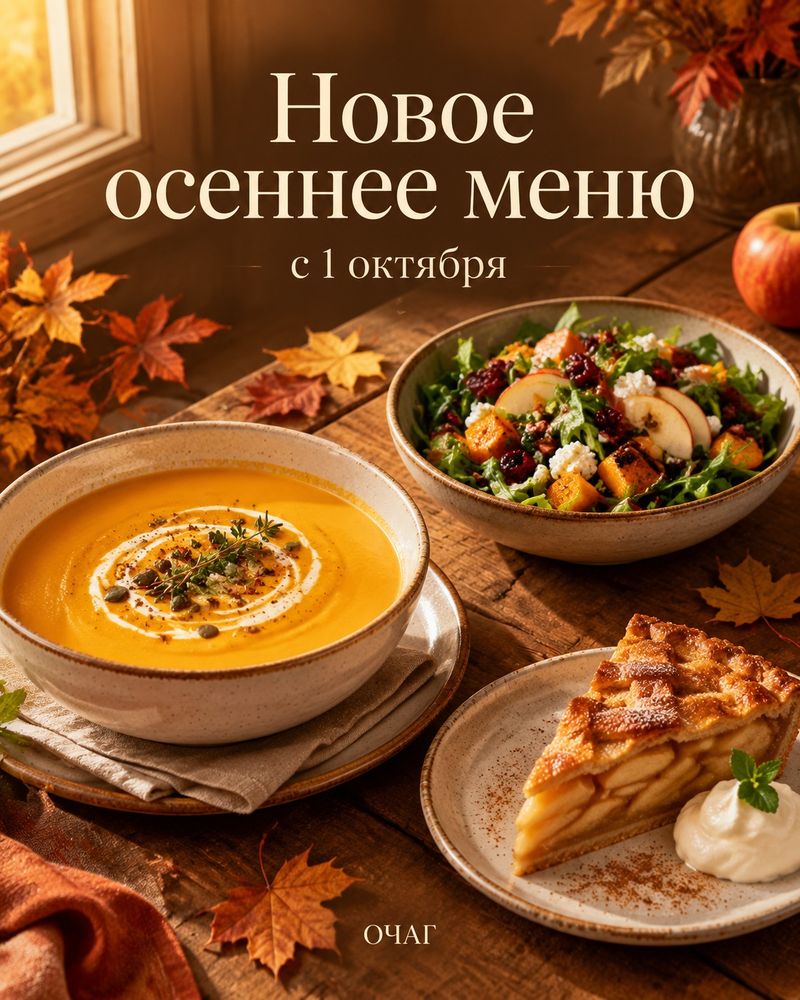 Пост бистро: осенние блюда на столе и заголовок «Новое осеннее меню»
