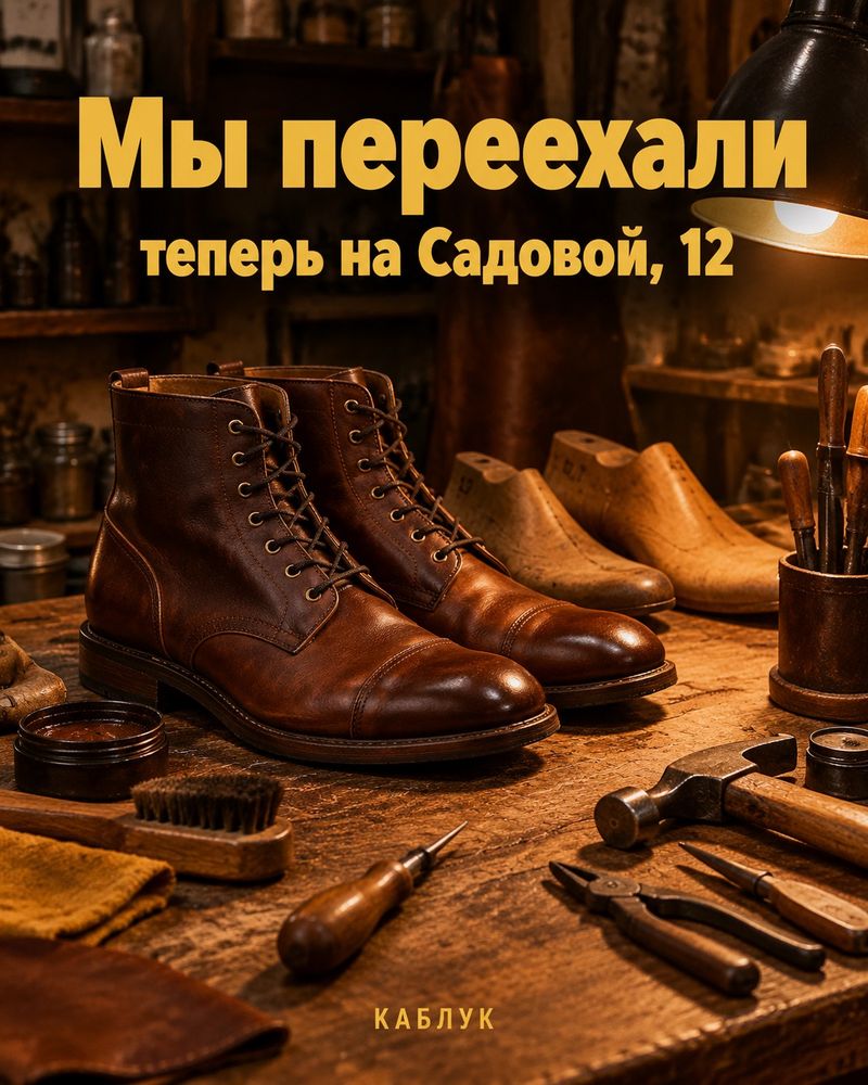 Пост мастерской по ремонту обуви: верстак с ботинками и заголовок «Мы переехали»