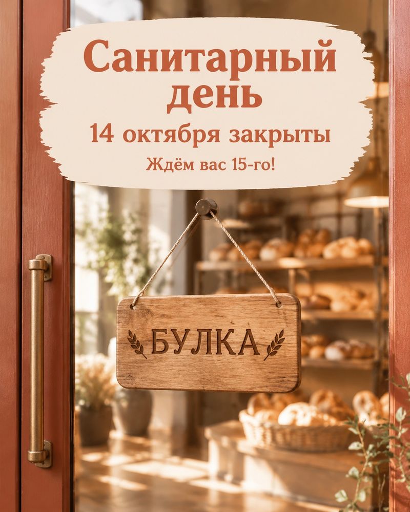 Пост пекарни: стеклянная дверь с табличкой и заголовок «Санитарный день»