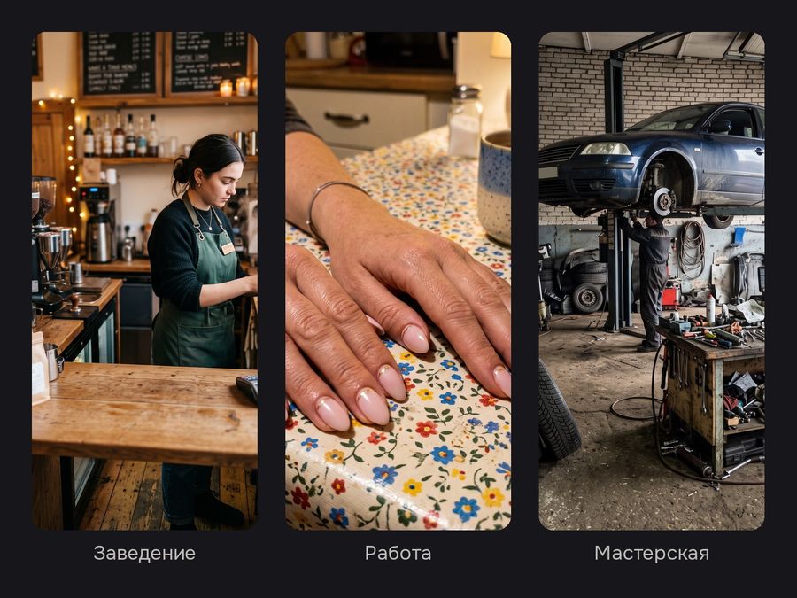 Три обычных снимка с телефона: кофейня с бариста за стойкой, маникюр на кухонном столе, гараж с шинами