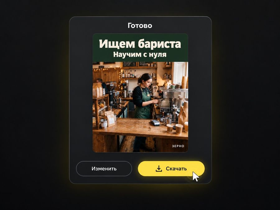 Готовый пост «Ищем бариста» в карточке результата с кнопками «Изменить» и «Скачать»